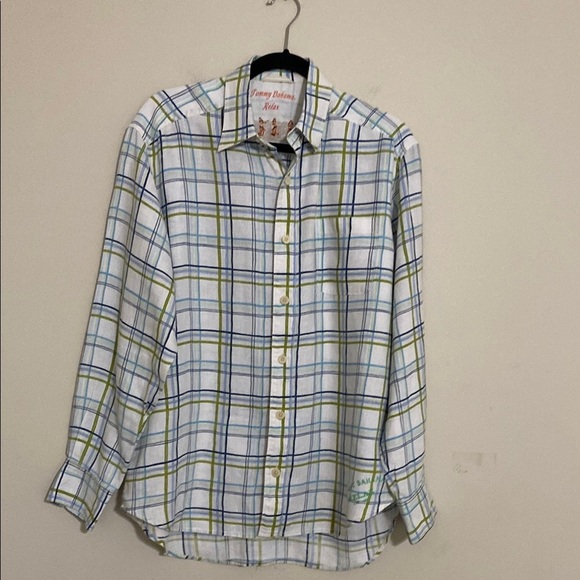 Tommy Bahama Men Blue Plaid Shirt button down linen casual relax beach vacation - Picture 1 of 7